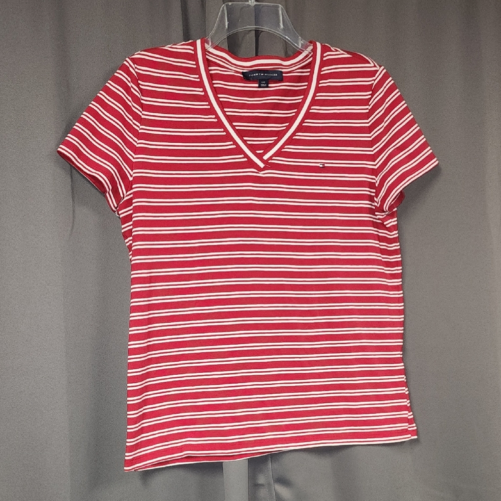 Large Tommy Hilfiger Red and White Striped V-Neck Top